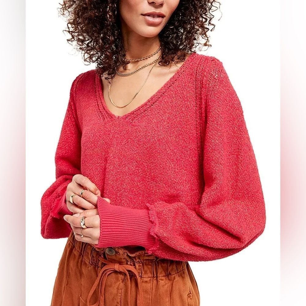 FREE PEOPLE RIPTIDE V NECK PULLOVER SWEATER IN HOT PINK COMBO SIZE XS EUC